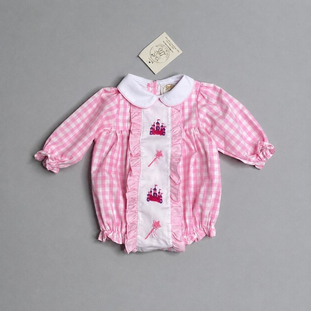 NWT Little Bear Smocks Pink Gingham Castle Embroidered Bubble Romper Girls 6 Mo